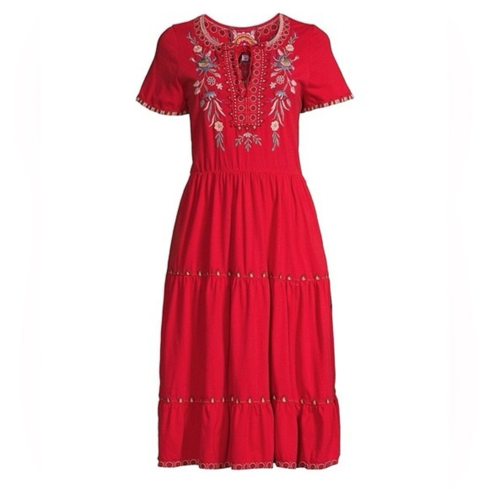 Johnny Was Nya Tiered Embroidery Boho Red Knit Dress Size Small